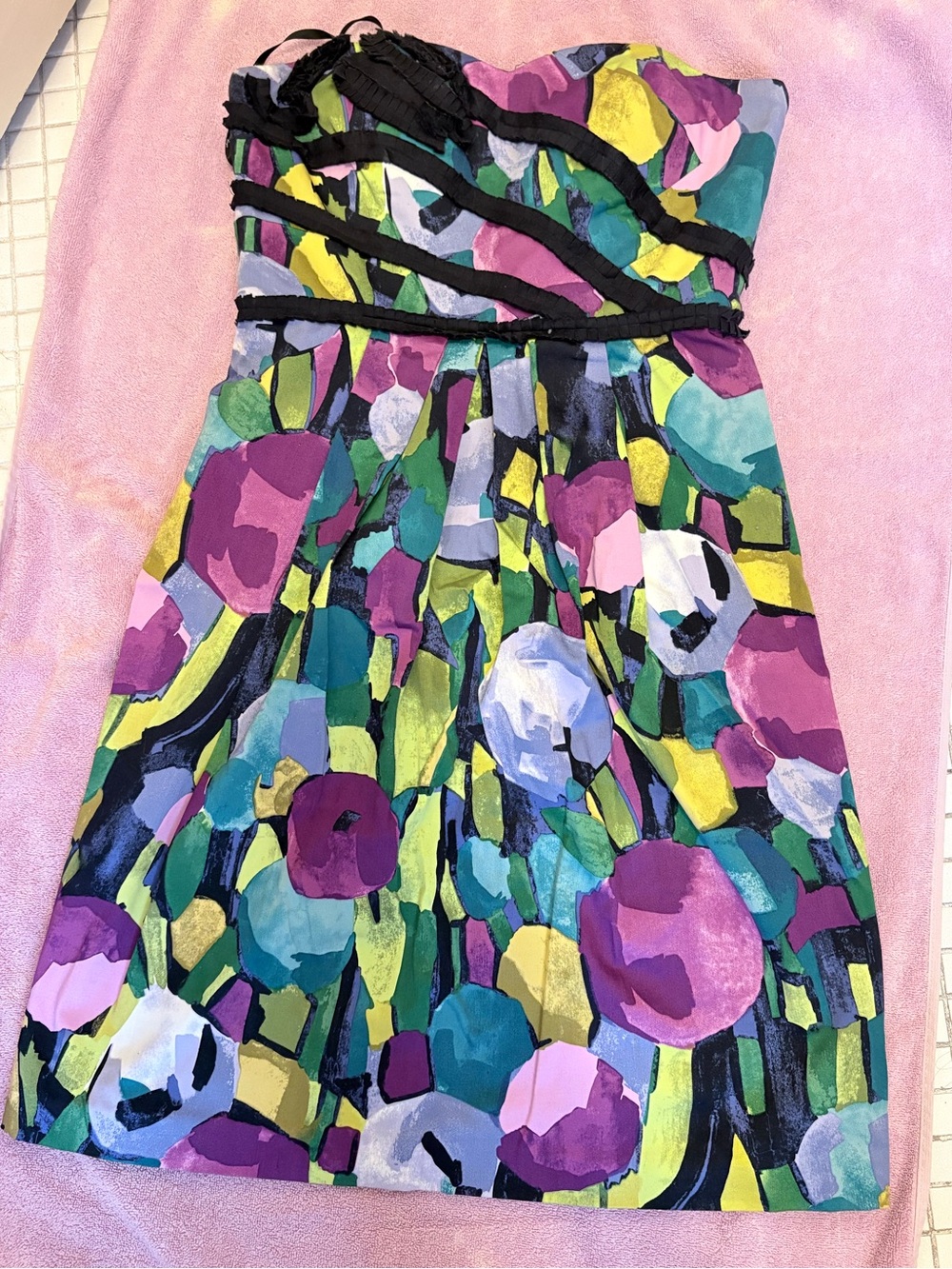Vintage Strapless Floral Party Dress in Purple, Teal & Green